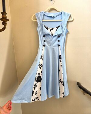 Killreal 50s Style Blue Black Polkadot Rockabilly Pleated Swing Dress Pin Up Sm